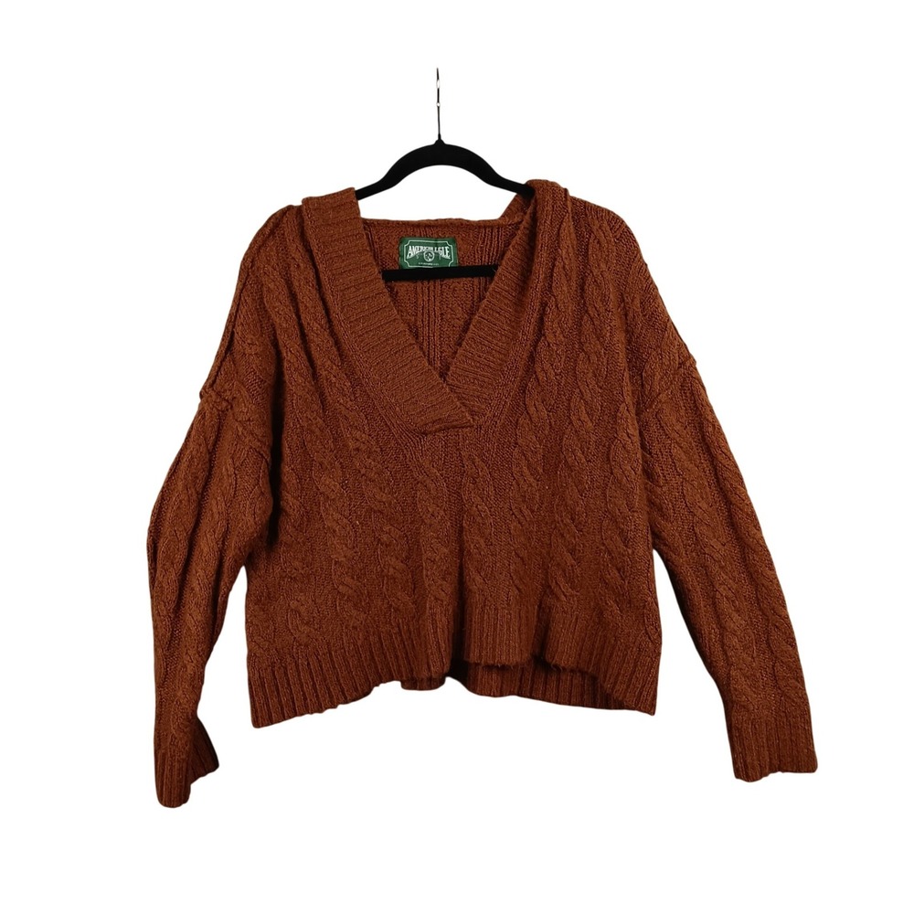 American Eagle Outfitters Brown Cable Knit Hoodie‎ Sweater XS Cozy V-Neck